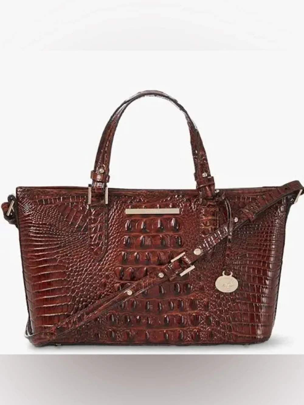 Brahmin Mini Asher Satchel in Pecan Melbourne leather, featuring a textured croc